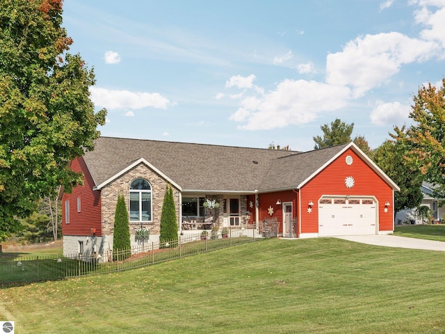 ranch-style home featuring a porch, a front lawn, and a garage