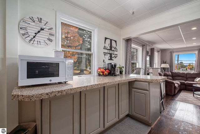 kitchen with kitchen peninsula, dark wood-type flooring, and ornamental molding