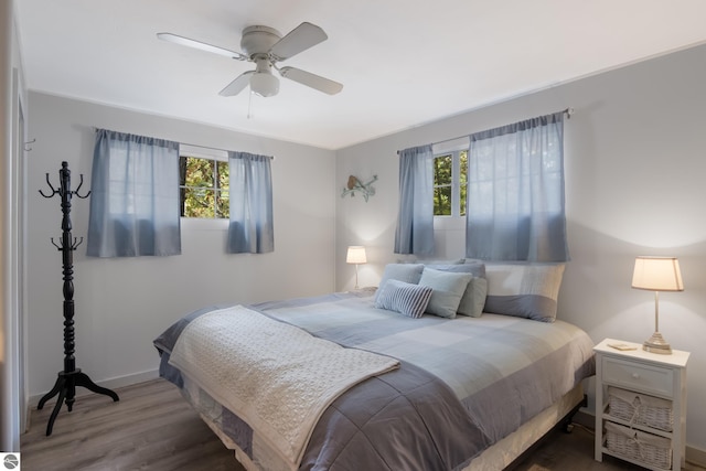 bedroom featuring a ceiling fan, wood finished floors, and multiple windows