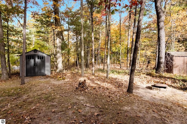 view of yard with an outdoor structure and a shed