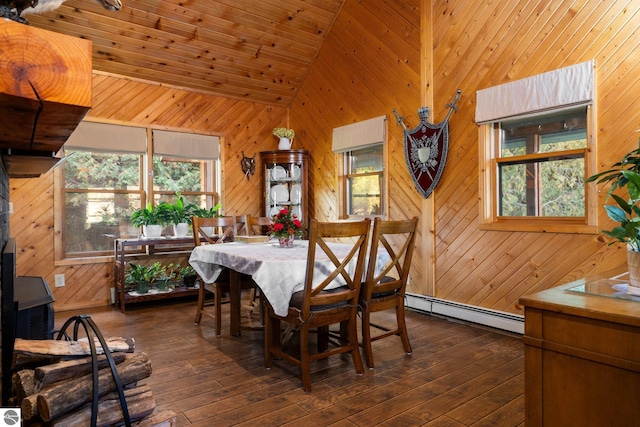 dining area with a baseboard heating unit, wood ceiling, wooden walls, high vaulted ceiling, and dark hardwood / wood-style floors