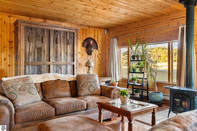 living room featuring wooden walls, light hardwood / wood-style flooring, a wood stove, and wooden ceiling