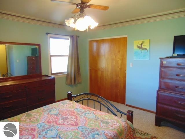 bedroom featuring ornamental molding, carpet flooring, and ceiling fan