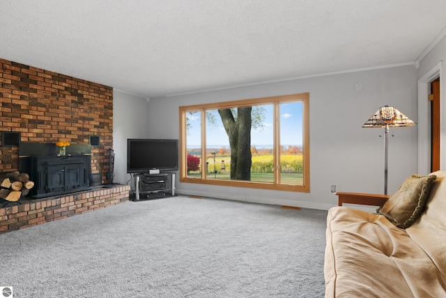 carpeted living room with a textured ceiling, a wood stove, and ornamental molding