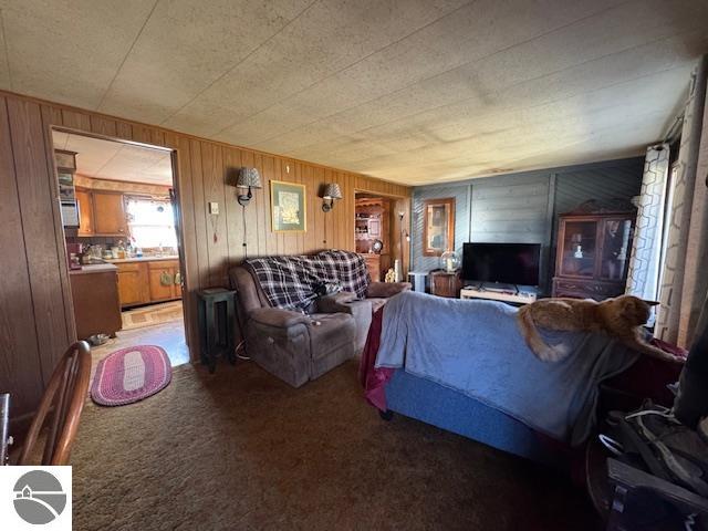 carpeted living room with wooden walls