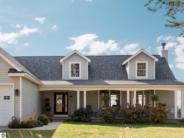 view of front of property featuring a garage, a front lawn, and a porch