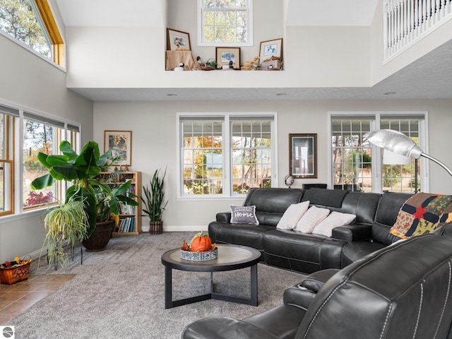 carpeted living room featuring a healthy amount of sunlight and a high ceiling