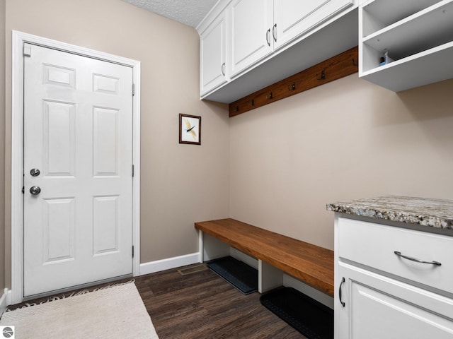 mudroom featuring a textured ceiling and dark hardwood / wood-style floors