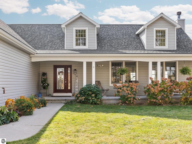 entrance to property with covered porch and a lawn