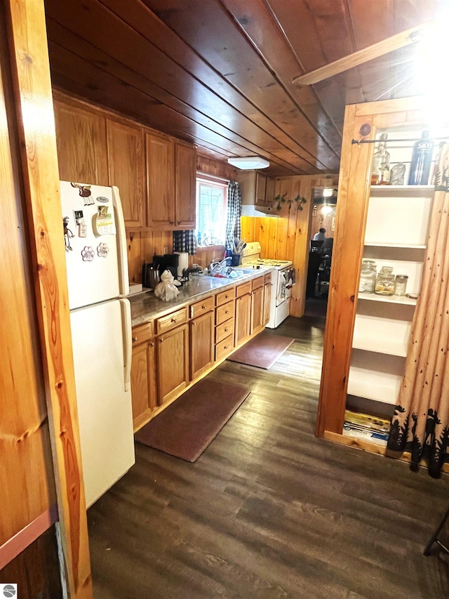 kitchen with wood walls, white appliances, dark hardwood / wood-style floors, and wooden ceiling