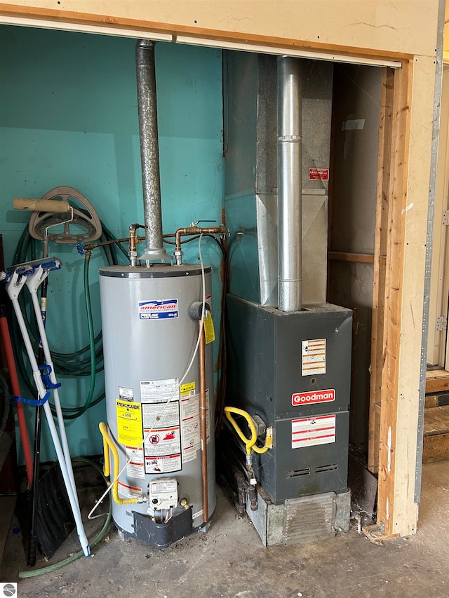 utility room with water heater and heating unit