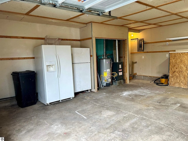 garage with white fridge, electric panel, white refrigerator with ice dispenser, and gas water heater