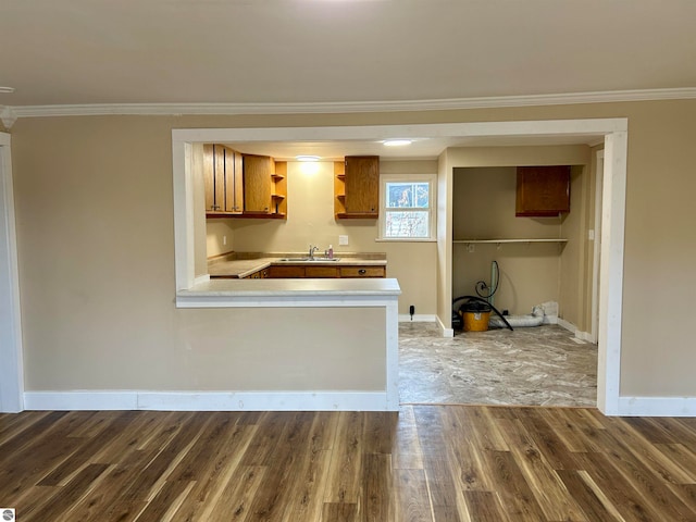 kitchen featuring crown molding, hardwood / wood-style flooring, and kitchen peninsula