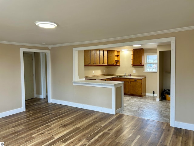 kitchen with kitchen peninsula, ornamental molding, sink, and dark wood-type flooring