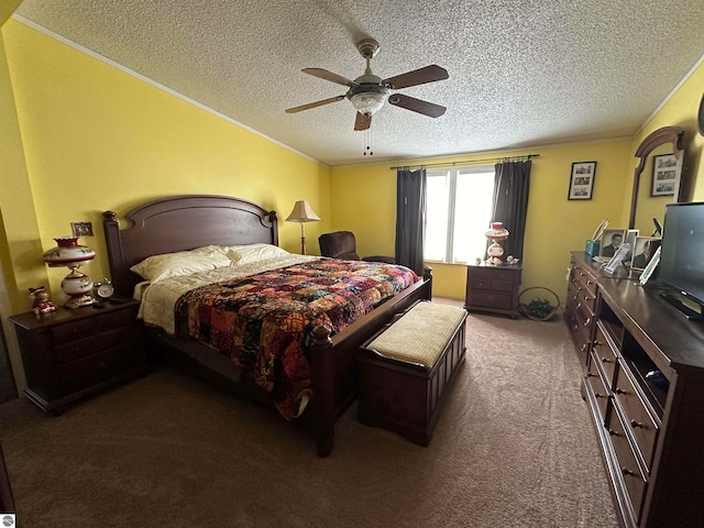 carpeted bedroom with a textured ceiling, crown molding, and a ceiling fan