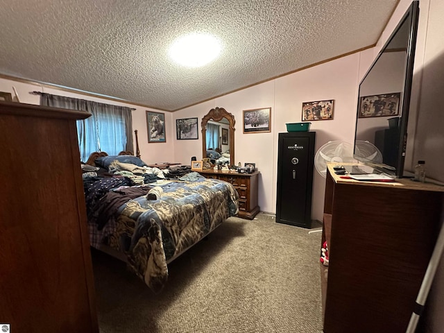 bedroom featuring carpet flooring, a textured ceiling, crown molding, and lofted ceiling