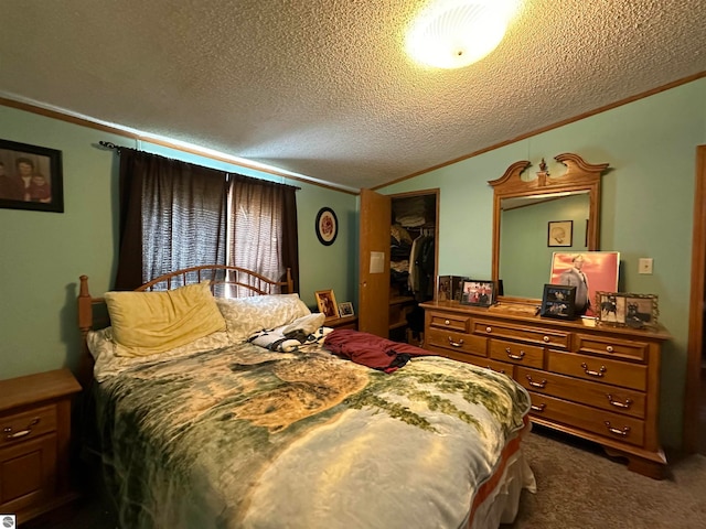 bedroom featuring a textured ceiling, vaulted ceiling, dark carpet, and crown molding