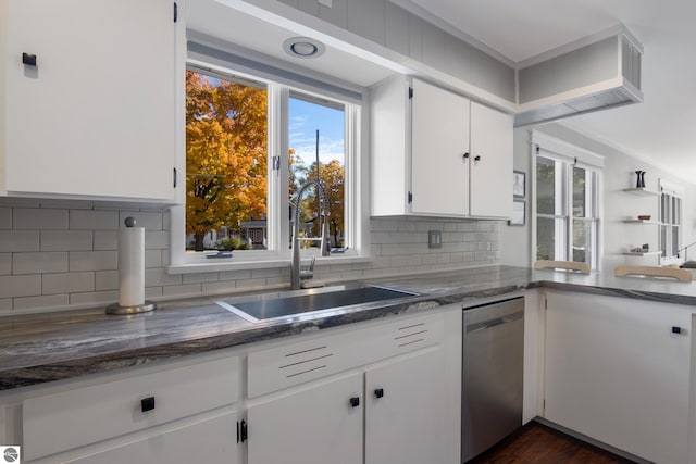 kitchen featuring white cabinets, a healthy amount of sunlight, stainless steel dishwasher, and sink