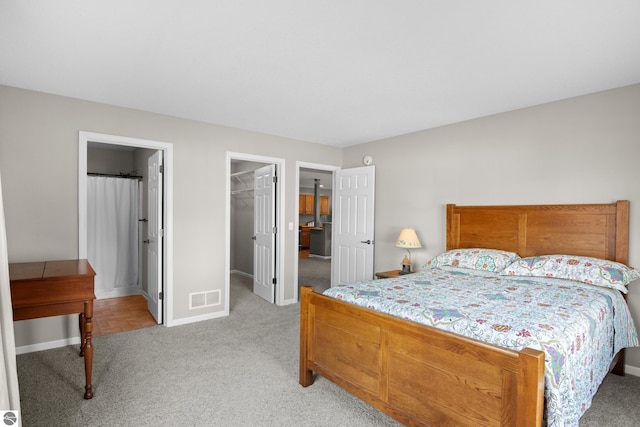 carpeted bedroom featuring a spacious closet and a closet