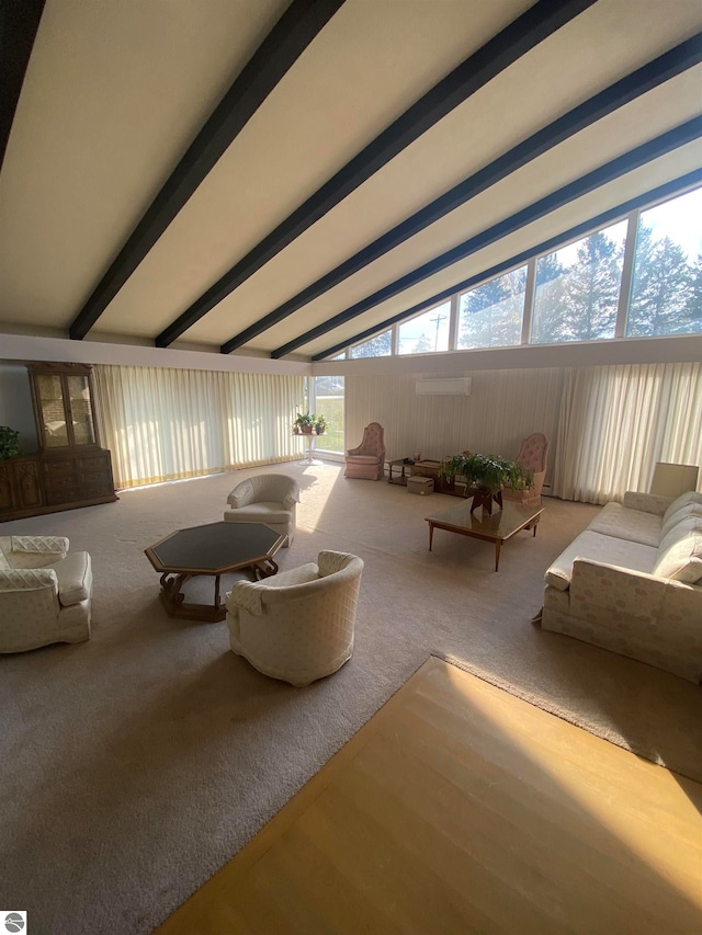 unfurnished living room featuring lofted ceiling with beams and carpet