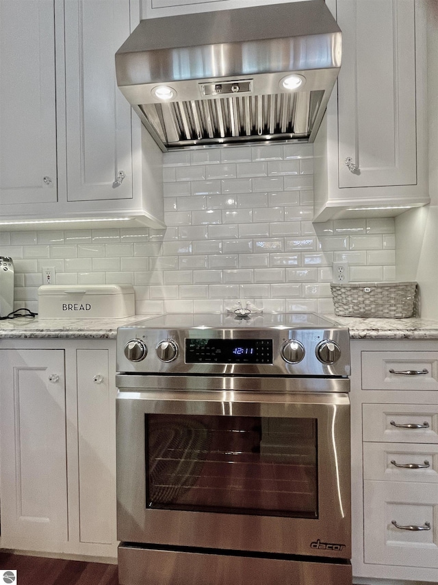 11320 Shippey Ln, Rapid City, MI 49676 - kitchen featuring tasteful backsplash, stainless steel range with electric stovetop, light stone counters, ventilation hood, and white cabinetry