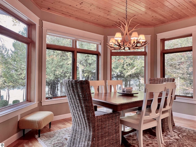 dining area with light hardwood / wood-style flooring, an inviting chandelier, and a wealth of natural light