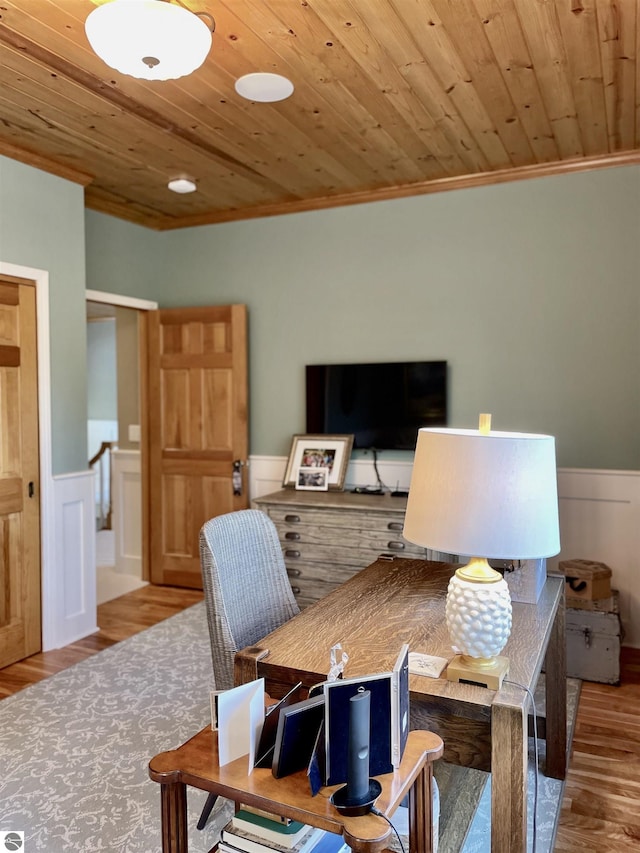11320 Shippey Ln, Rapid City, MI 49676 - office space featuring crown molding, wood ceiling, wainscoting, and wood finished floors