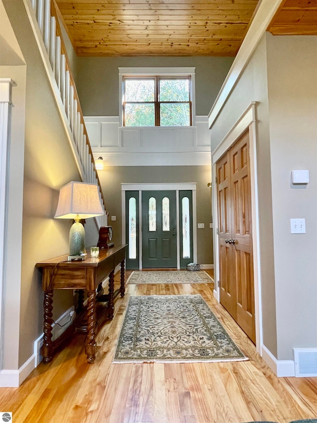 foyer featuring hardwood / wood-style floors and wooden ceiling