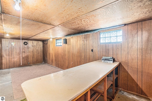 interior space with a wealth of natural light, concrete floors, and wood walls