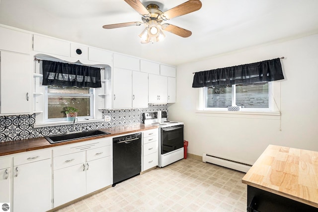 kitchen featuring dishwasher, baseboard heating, white electric range, backsplash, and sink