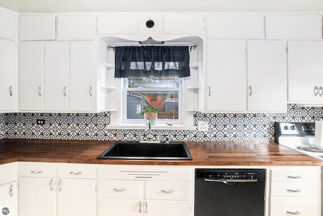 kitchen featuring black dishwasher, backsplash, white cabinetry, white range with electric cooktop, and sink