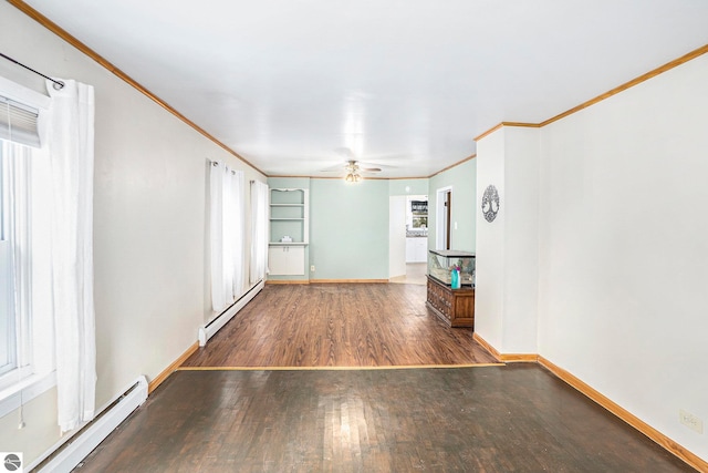 unfurnished living room featuring crown molding, dark hardwood / wood-style floors, baseboard heating, and ceiling fan