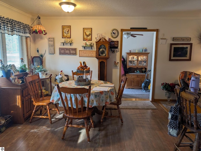 dining area with ceiling fan, ornamental molding, a textured ceiling, and dark hardwood / wood-style floors