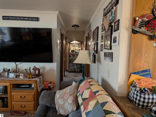 bedroom featuring ornamental molding, a textured ceiling, and carpet