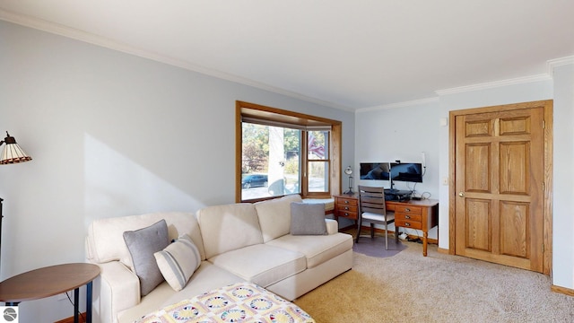 living room with ornamental molding and light colored carpet