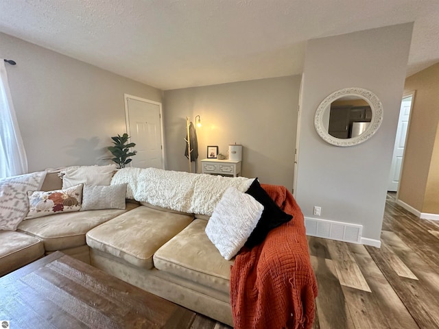 living room featuring a textured ceiling and hardwood / wood-style flooring