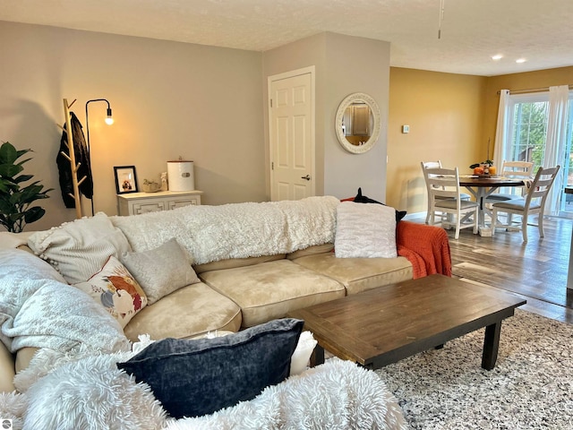 living room with hardwood / wood-style flooring and a textured ceiling