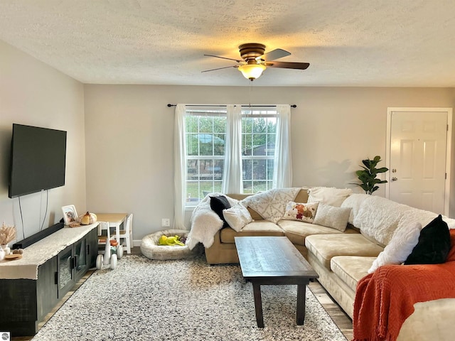 living room featuring hardwood / wood-style flooring, a textured ceiling, and ceiling fan