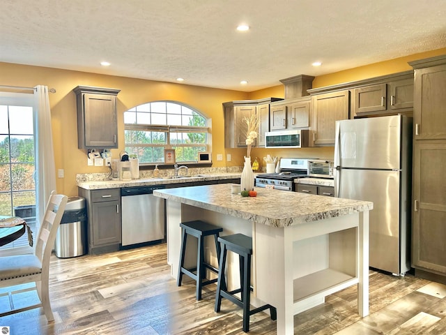 kitchen with a center island, appliances with stainless steel finishes, light hardwood / wood-style flooring, and a healthy amount of sunlight