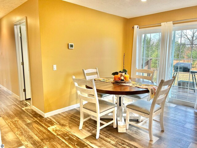 dining space with a textured ceiling and hardwood / wood-style flooring