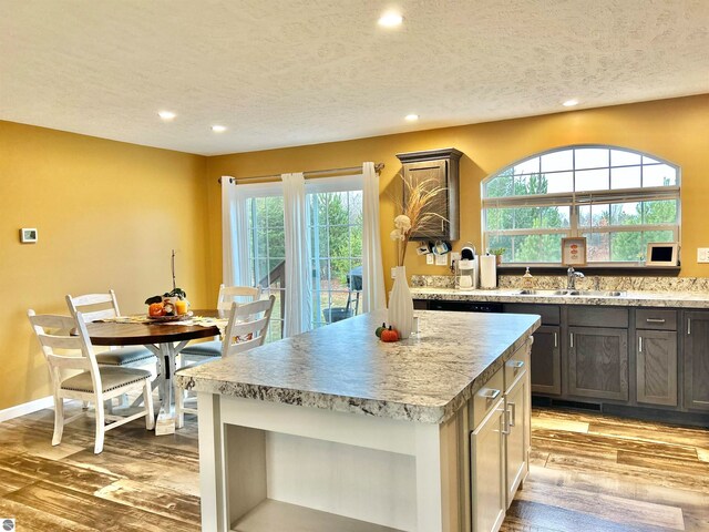 kitchen with a healthy amount of sunlight, sink, a kitchen island, and hardwood / wood-style floors