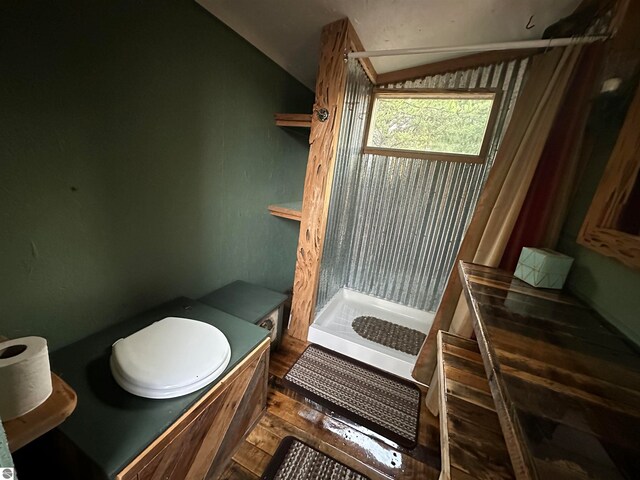 bathroom with toilet, vaulted ceiling, and a shower with shower curtain