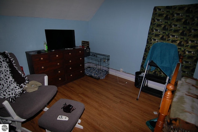 sitting room featuring wood-type flooring and lofted ceiling