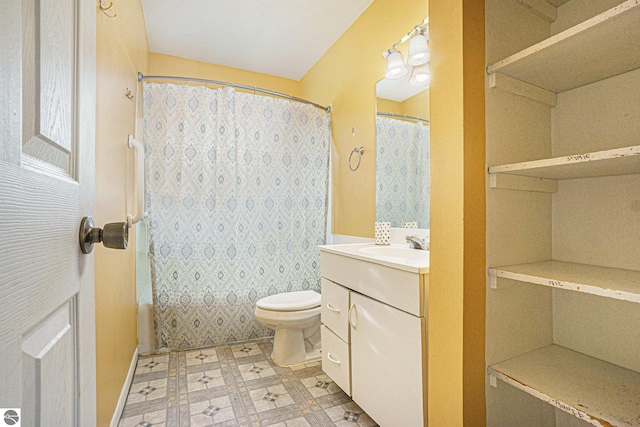 full bathroom with vanity, toilet, and shower / bathtub combination with curtain