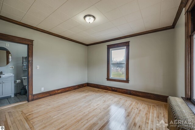 spare room with a sink, baseboards, light wood-type flooring, and ornamental molding