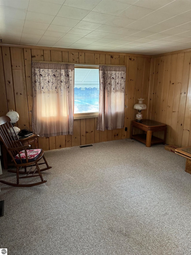 unfurnished room featuring carpet flooring and wooden walls