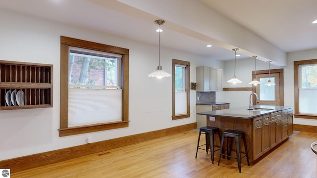 kitchen with light hardwood / wood-style flooring, sink, plenty of natural light, and an island with sink