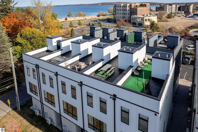 drone / aerial view featuring a water view