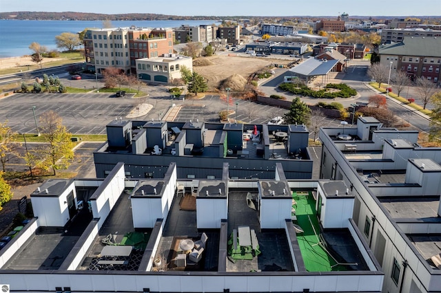 drone / aerial view with a water view