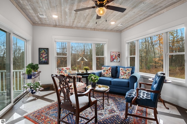 sunroom / solarium featuring ceiling fan and wooden ceiling